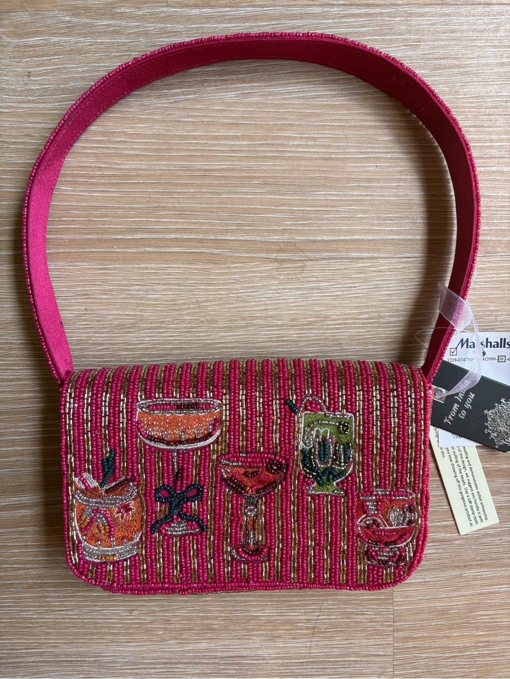Hot Pink Beaded Cocktail Motif Shoulder Bag